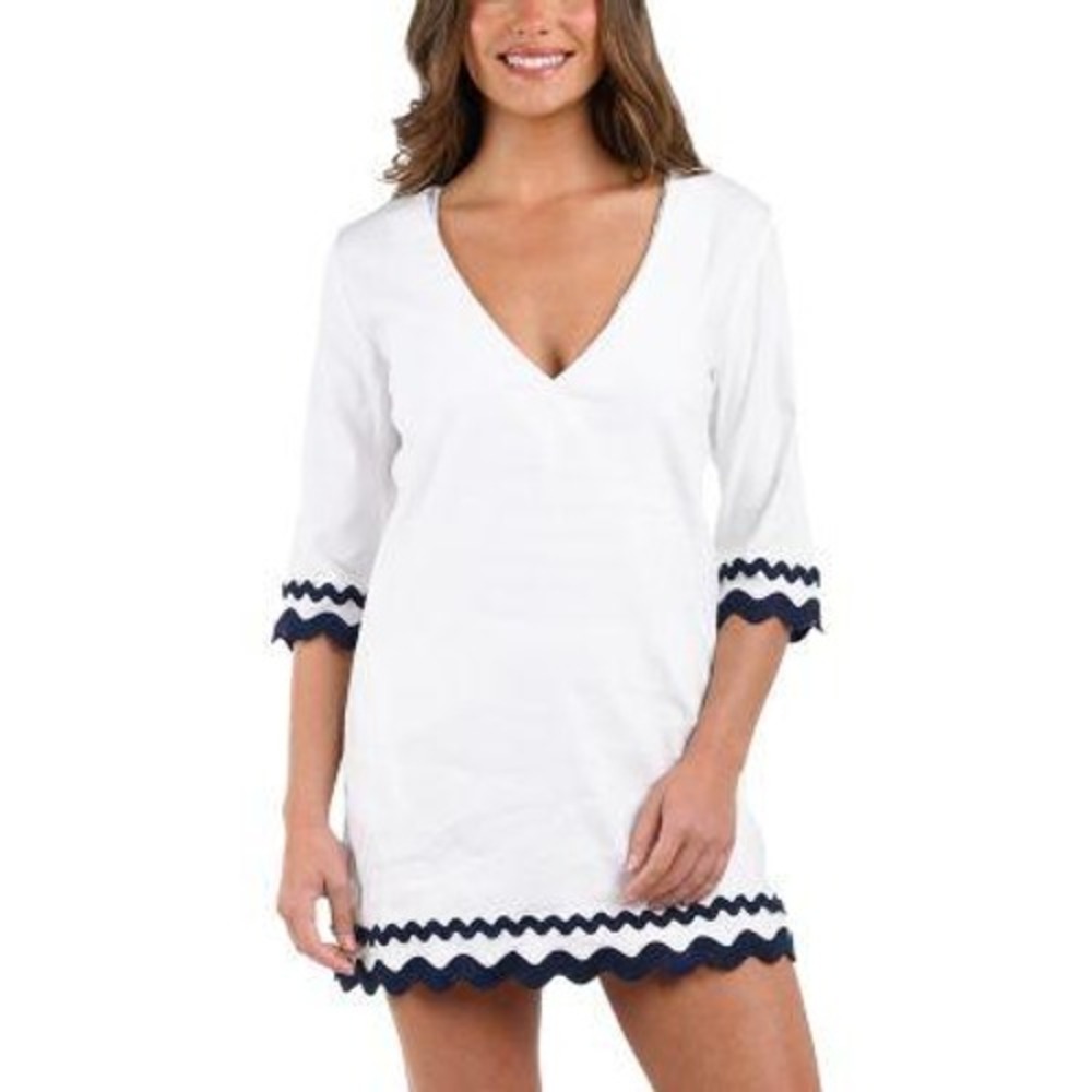 La Blanca Tunic Cover Up Dress Womens Large White Coastal Ric-Rac Trim $139 NWT